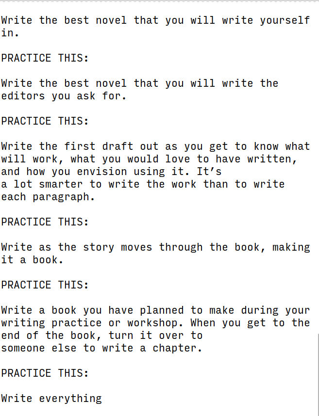 The image displays a list of writing practices, each labeled "PRACTICE THIS:" followed by a brief instructional tip, all in a simple, black text on a white background. The text is centered and formatted in a clear, sans-serif font.