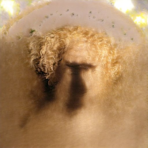 A close-up of a curly, golden-brown wig or hair, partially obscured by shadow, with a bright, blurred background suggesting a sunlit setting.