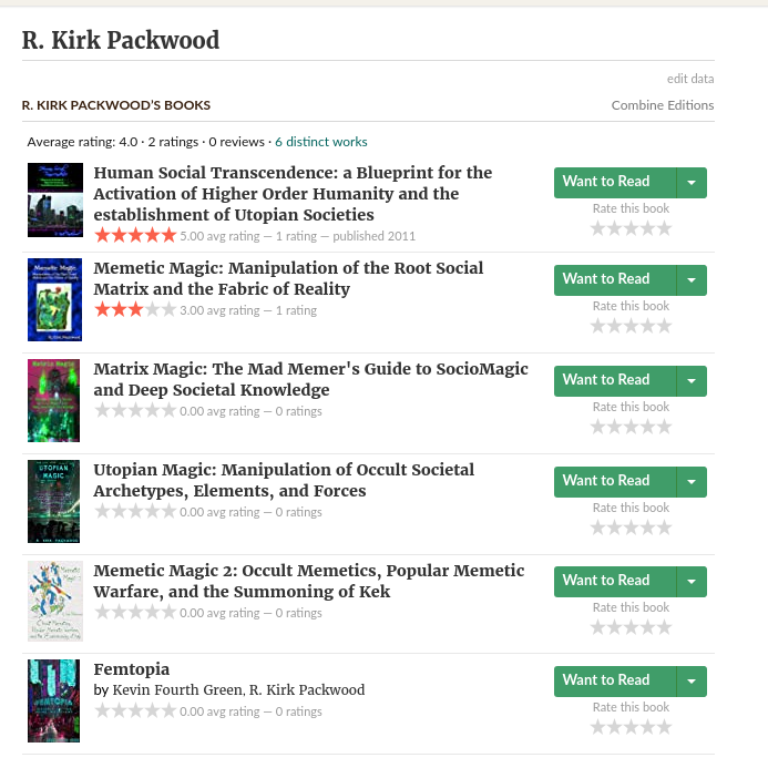 This image displays a bookshelf-style listing of R. Kirk Packwood's works, including titles like "Human Social Transcendence" and "Memetic Magic," each with a "Want to Read" button and star rating system. The page shows average ratings and publication years, with some books having no reviews or ratings yet.