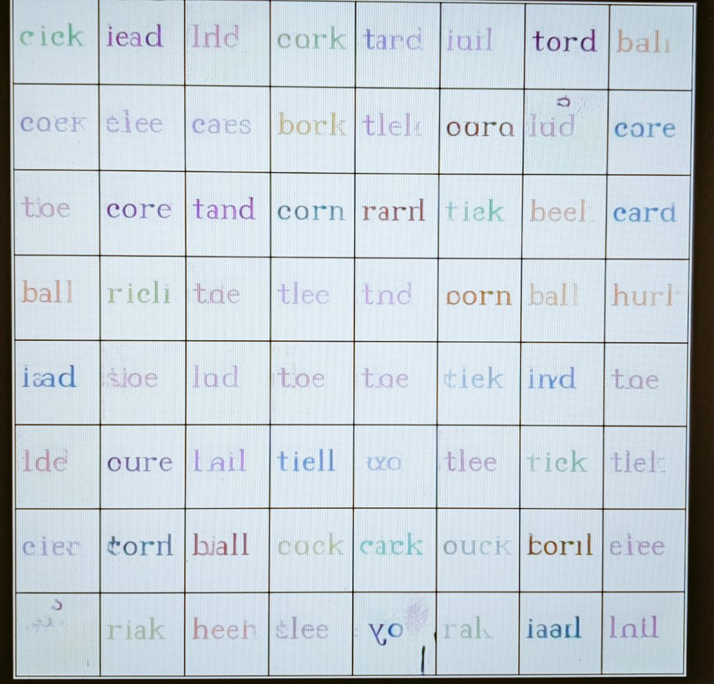 A 6x9 grid of colorful, slightly distorted words, primarily Irish words, displayed on a digital screen, with some words appearing to be misspelled or in error.