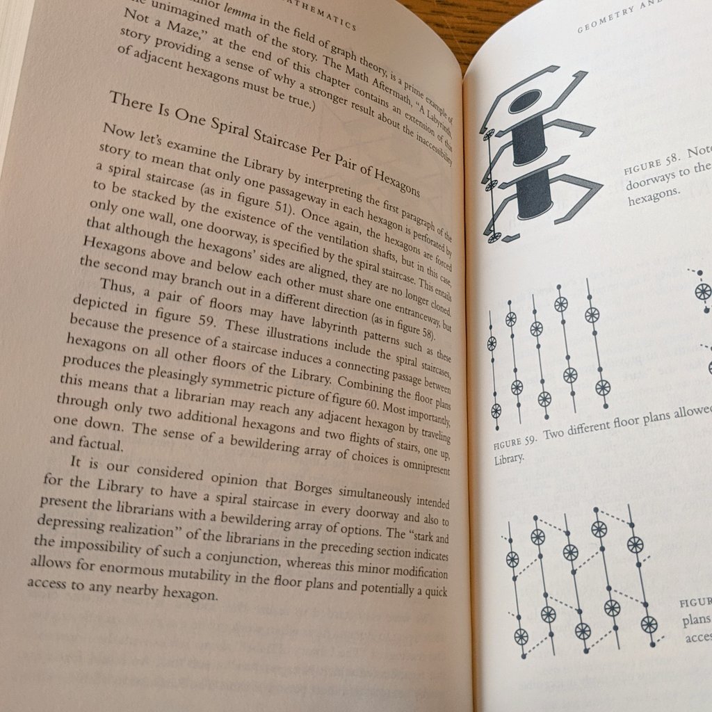 An open book displaying text and diagrams about a labyrinthine library structure with spiral staircases connecting hexagonal rooms, accompanied by labeled figures illustrating different floor plans and stairwell configurations.