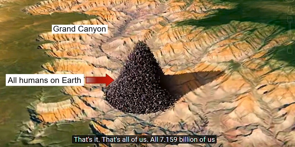 An aerial view of the Grand Canyon with a dark, conical mound labeled "All humans on Earth" sitting inside the canyon, visually representing the global human population of 7.159 billion.