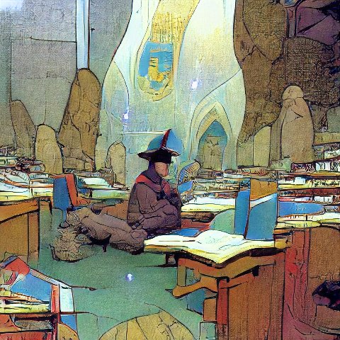 A lone figure in a dark hat and coat sits at a desk in a dimly lit, cluttered room filled with stacks of books and papers, surrounded by towering shelves and a large, ornate archway in the background.