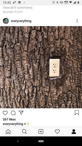 A beige electrical outlet is embedded into the rough, textured bark of a tree trunk.