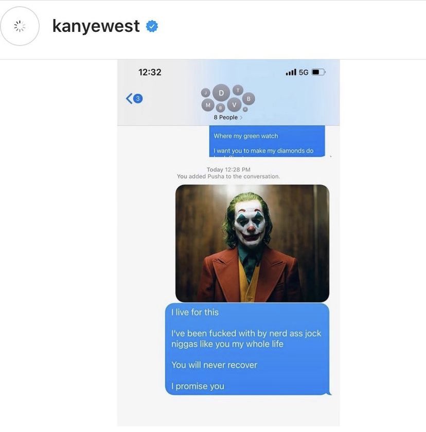 A screenshot of a text message conversation between Kanye West and an unknown contact, featuring a photo of the Joker from the movie "Joker" and messages expressing anger and threats toward the other person.