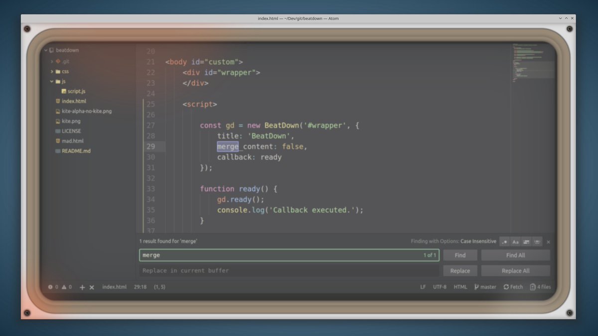 A screenshot of a code editor showing HTML and JavaScript code for a BeatDown library, with the word "merge" highlighted in the search bar, indicating a find result within the current file.