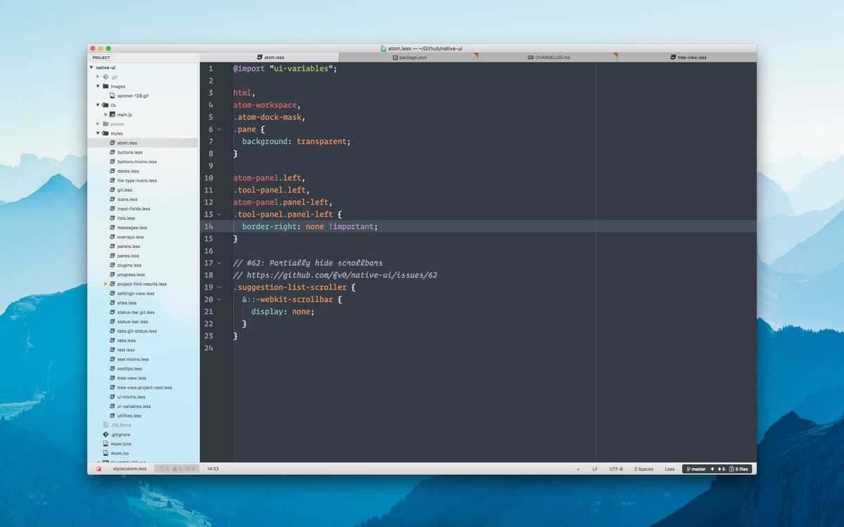 A screenshot of the Atom text editor displaying a LESS stylesheet file named "atom.less" with CSS-like code for customizing the user interface, set against a blurred mountain background.