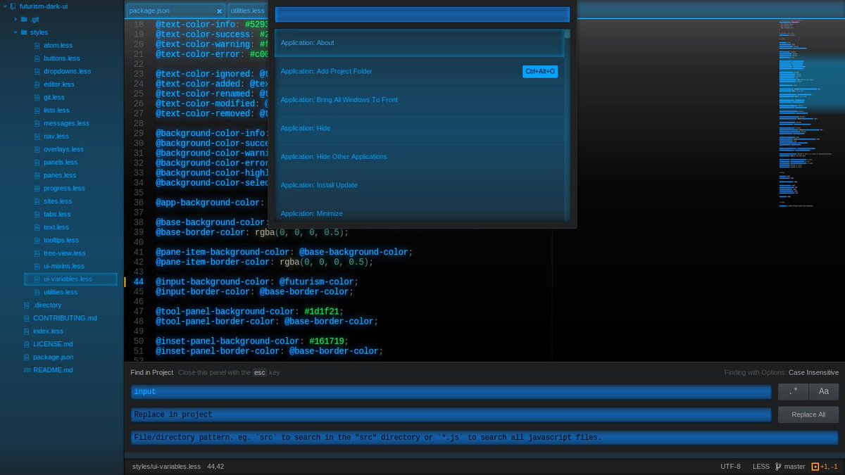A dark-themed code editor displaying a LESS file with variable definitions, showing a dropdown menu with application commands like "Add Project Folder" and "Install Update" at the top, and a search bar at the bottom.