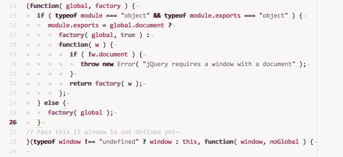 This image displays a snippet of JavaScript code, primarily from a jQuery module, showing conditional logic for handling different environments (like browser vs. Node.js) and ensuring a valid document or window is available for execution.