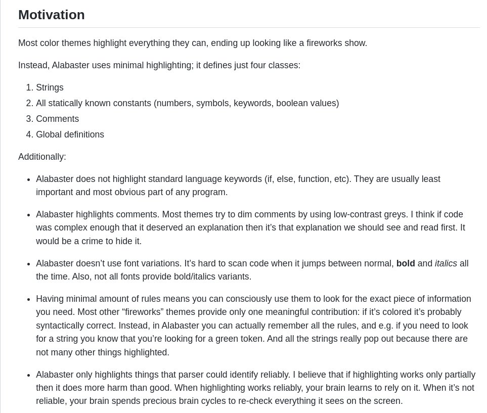 This image displays a section titled "Motivation" explaining the design philosophy of the Alabaster color theme, which emphasizes minimal highlighting with only four classes (strings, constants, comments, global definitions) and avoids highlighting keywords or font variations to improve code readability and reduce cognitive load.