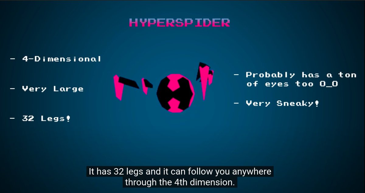 A pixel-art depiction of a pink and black "Hyperspider" with 32 legs, set against a dark blue background. Text describes it as 4-dimensional, very large, and very sneaky, with a humorous note about its many eyes.