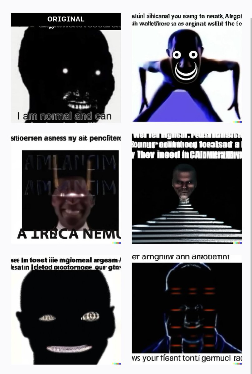 A grid of six distorted, darkly themed images featuring eerie, often glitched or inverted faces with glowing eyes and unsettling smiles, accompanied by reversed or scrambled text.