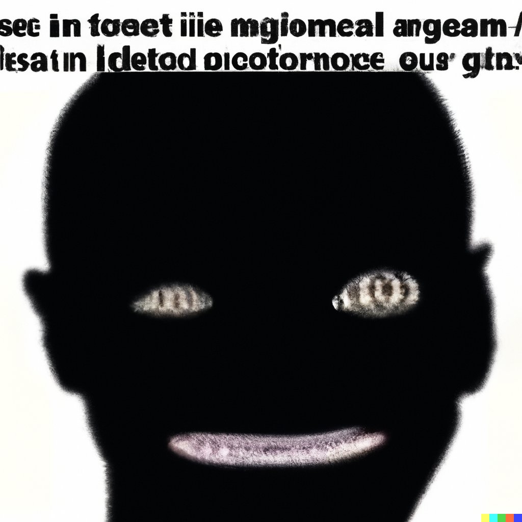 A black silhouette of a smiling face with glowing, detailed eyes against a white background, topped with distorted, unreadable text.