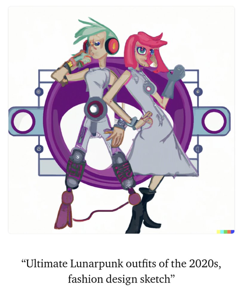 Two stylized, futuristic characters in a lunar punk aesthetic pose against a purple circular backdrop with mechanical elements. One has green hair and headphones, the other has pink hair and a gray dress, both wearing cybernetic accessories and high-tech footwear.