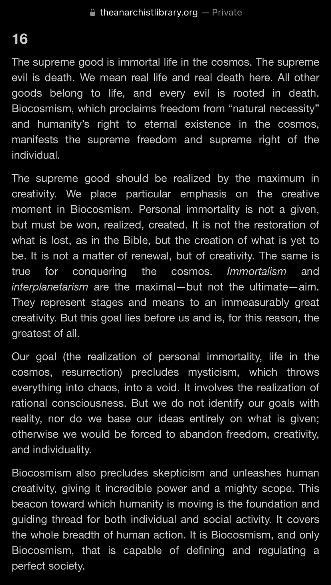 This is a screenshot of Chapter 16 from the anarchist library website, containing white text on a black background that discusses the philosophy of Biocosmism, emphasizing immortal life, creativity, individual freedom, and the rejection of mysticism and skepticism.