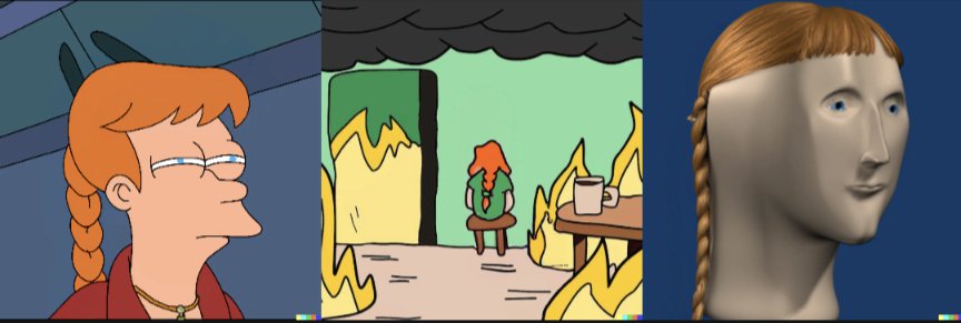 This image shows three panels: a cartoon woman with orange hair in a braid and glasses, a scene of her in a burning room holding a mug, and a 3D render of a face with the same orange braid hairstyle.