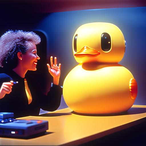A smiling woman with curly gray hair interacts with a large, glowing yellow rubber duck robot on a table, set against a dark blue background with futuristic lighting.
