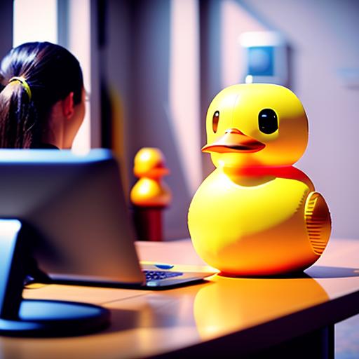 A bright yellow rubber duck sits on a wooden desk beside a laptop, with a person in a ponytail seated at the desk facing away from the camera.