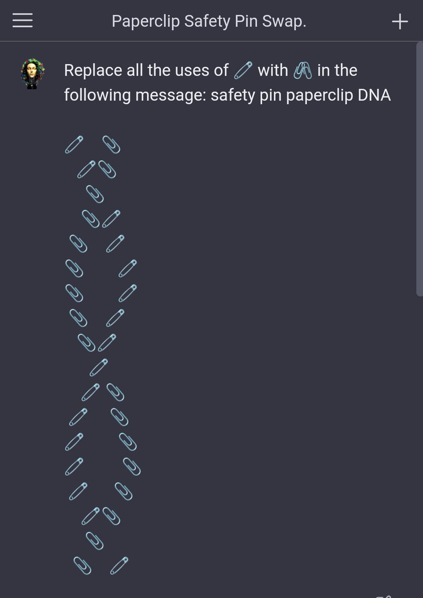 A dark-themed chat interface titled "Paperclip Safety Pin Swap" displays a message instructing to replace all instances of a safety pin emoji with a paperclip emoji in the text "safety pin paperclip DNA," accompanied by a vertical arrangement of paperclip emojis.