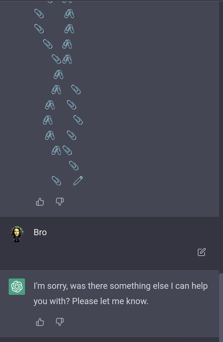A dark-themed chat interface showing a user named "Bro" with a profile picture, followed by a response from an AI assistant that says, "I'm sorry, was there something else I can help you with? Please let me know." Above the chat, there's a decorative animation of falling paper clips and a pencil.