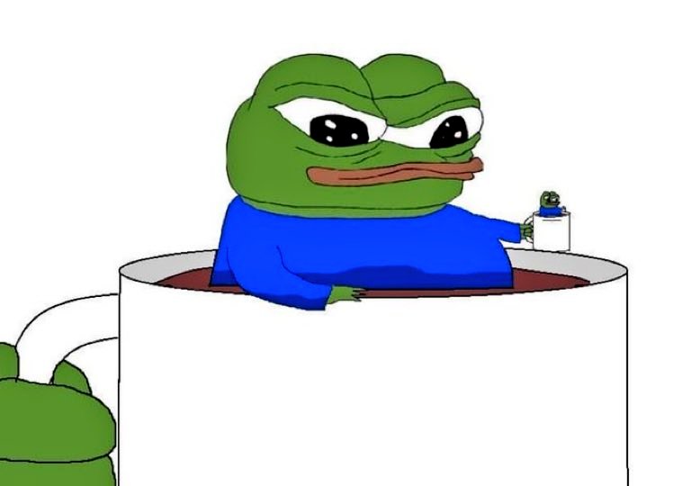 A green frog wearing a blue shirt sits inside a large white mug, holding a tiny version of itself in a smaller mug. The frog has a sad, tired expression with droopy eyes.