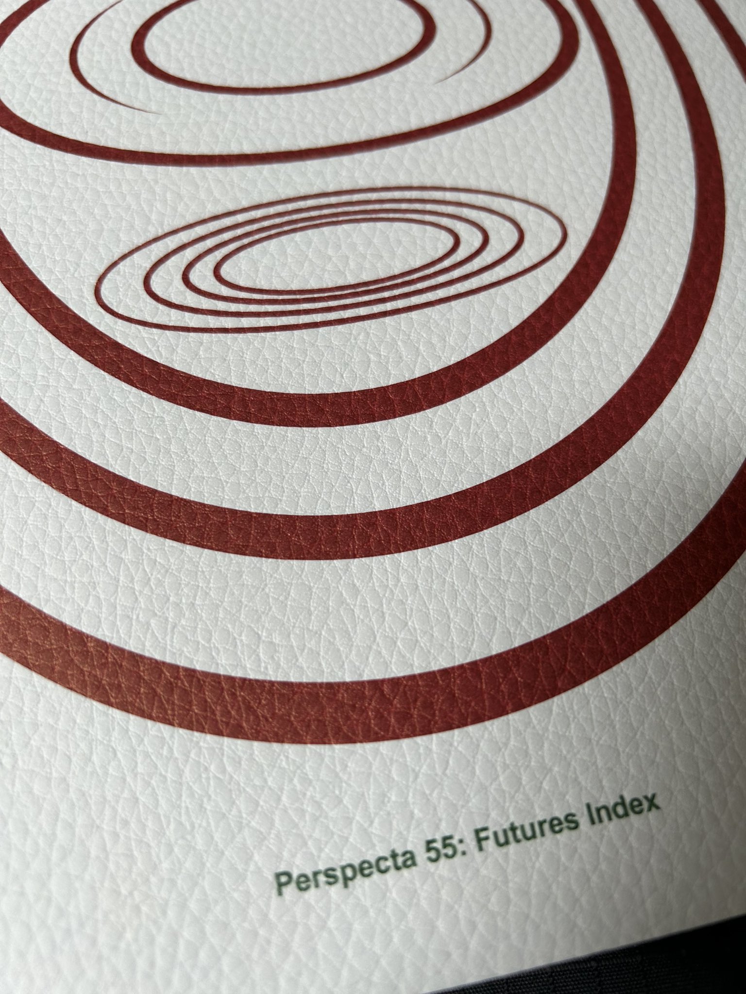 A close-up of a textured white surface with concentric red rings, featuring the text "Perspecta 55: Futures Index" at the bottom.