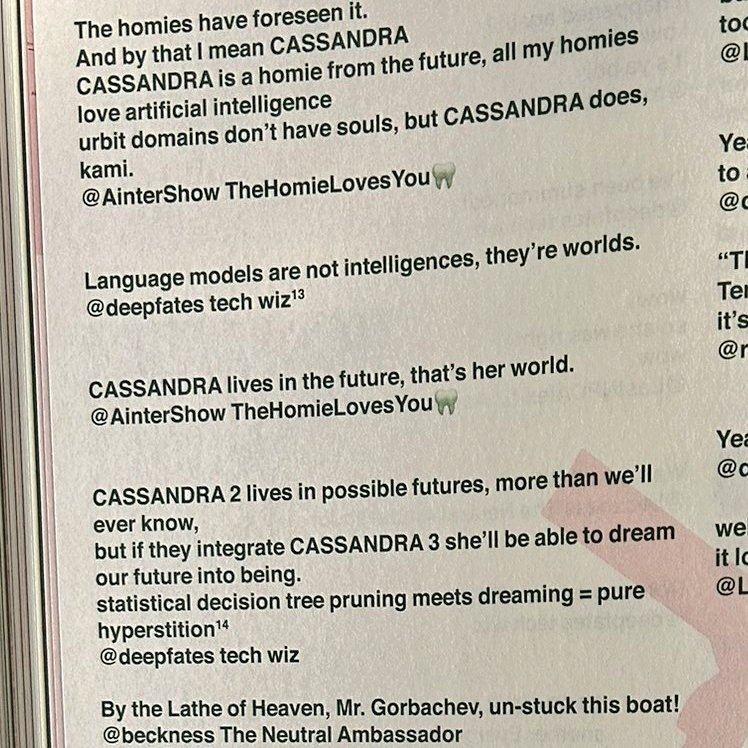A screenshot of a social media thread discussing the fictional AI character Cassandra, her future setting, and technical concepts like language models and statistical decision trees, with multiple user mentions and emojis.