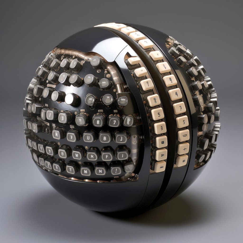 A spherical, black, futuristic keyboard with a curved, segmented design, featuring rows of black and cream-colored keys arranged in a circular pattern, revealing internal mechanical components.