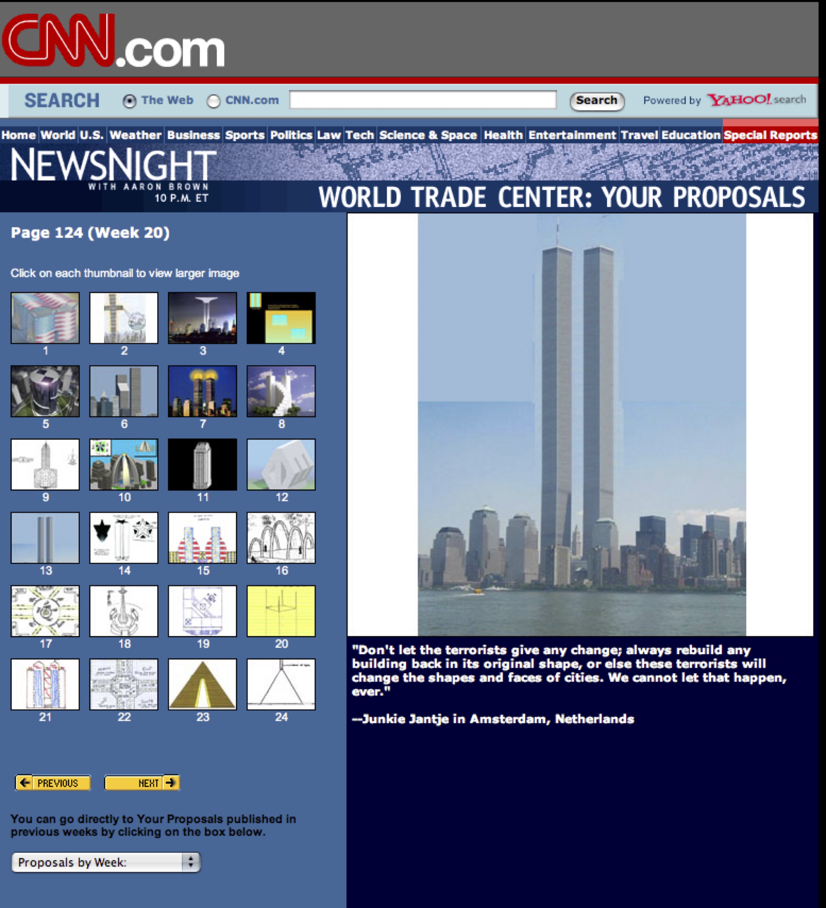 This is a screenshot of the CNN.com website, featuring a page titled "WORLD TRADE CENTER: YOUR PROPOSALS" with a large image of the Twin Towers against a city skyline. The page displays 24 thumbnail images of various architectural designs for the rebuilt WTC, along with a quote from a viewer in Amsterdam about preserving the original shape of the buildings.