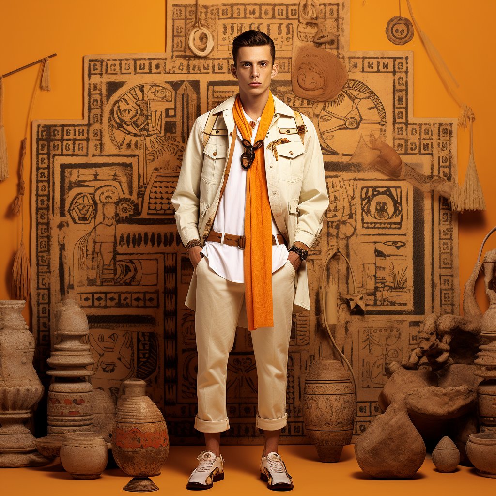 A young man in a beige safari-style jacket and pants, with a bright orange scarf and white sneakers, stands confidently in front of an orange backdrop featuring ancient Egyptian-style artwork and artifacts like pottery and statues.