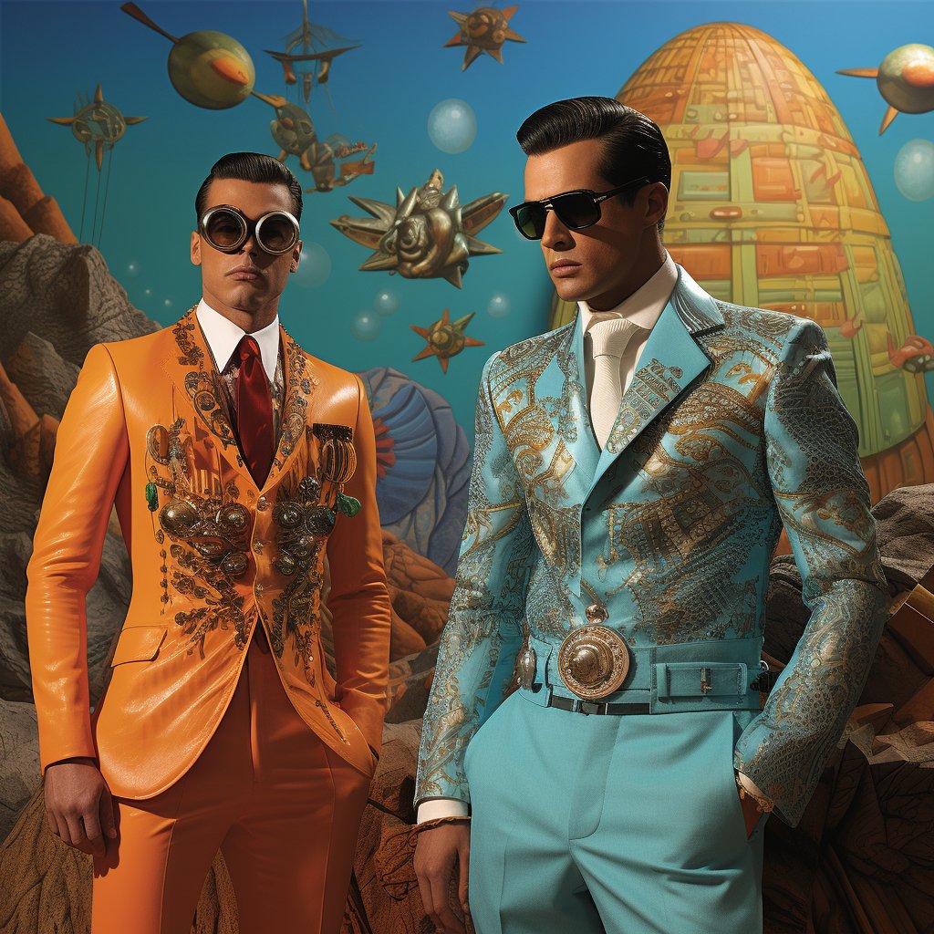 Two men in elaborate, colorful suits stand against a surreal, futuristic backdrop featuring floating objects and a large dome structure. One wears an orange suit with ornate embellishments and round goggles, while the other sports a light blue suit with gold patterns and black sunglasses.