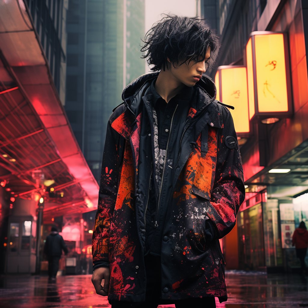 A young man with dark, messy hair stands in a rain-slicked urban alleyway, wearing a black and red splattered jacket, looking downward. Neon red lights and glowing orange signs illuminate the wet pavement and surrounding buildings.