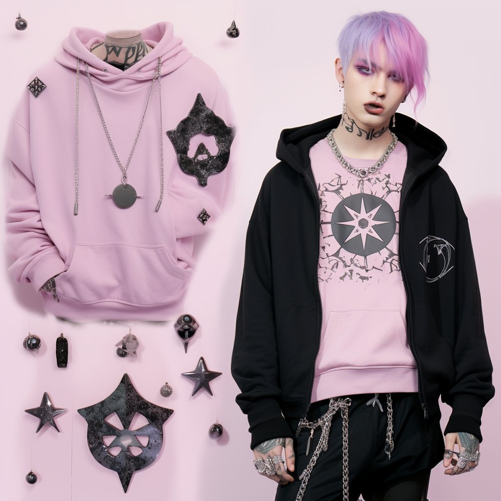 A person with purple hair and dark makeup wears a black zip-up hoodie over a pink graphic sweatshirt, accessorized with chains and tattoos, against a pink background featuring a matching pink hoodie and scattered black star-shaped and circular ornaments.