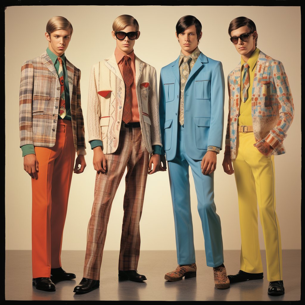 Four men in vibrant, retro 1970s fashion stand side-by-side, each wearing colorful suits with patterns, ties, and sunglasses, against a neutral studio background.