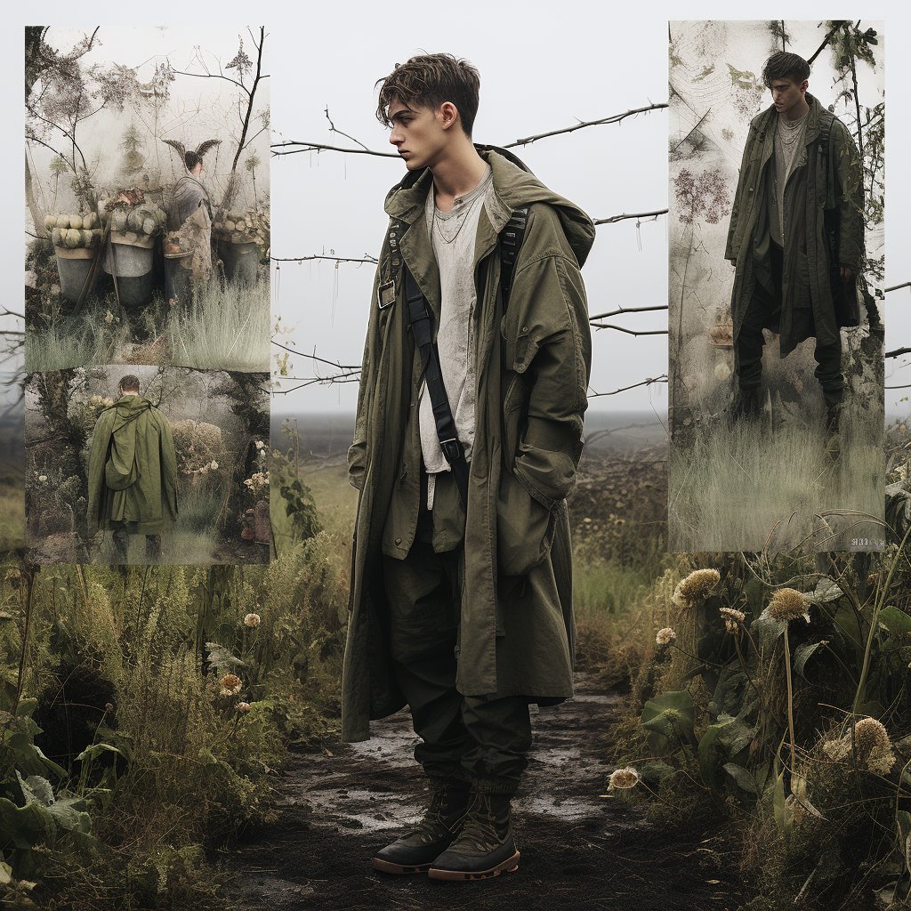 A young man in a long olive-green trench coat stands on a muddy path in a misty, overgrown field with wildflowers. The image is a collage, featuring inset photos of the same man in various poses and settings, including a misty garden and a textured, leafy backdrop.