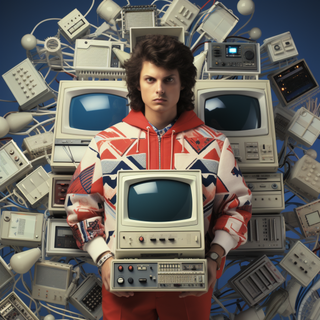 A young man with curly hair stands in the center, holding an old beige computer monitor and keyboard, surrounded by a chaotic array of vintage electronics like CRT TVs, calculators, and computers against a blue background.