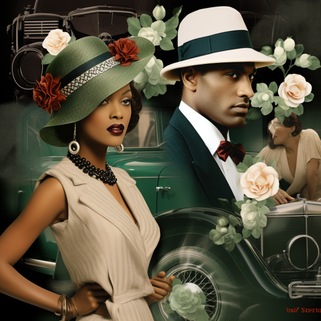 A stylishly dressed Black woman in a green hat adorned with red flowers and a cream-colored suit stands beside a Black man in a white hat and dark suit, both posing elegantly in front of a vintage green car, with floral decorations and a second woman in the background.