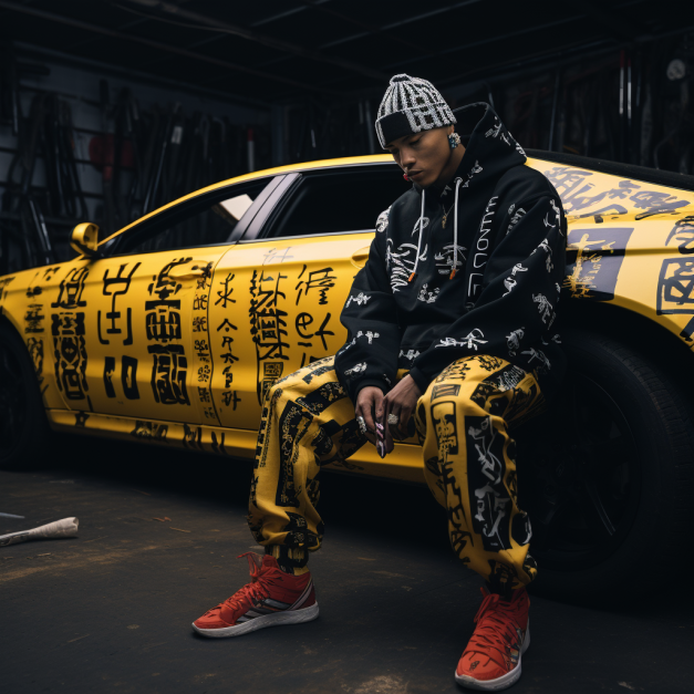 A man in a black and yellow graffiti-style outfit sits on a bright yellow car covered in bold Chinese characters, wearing a patterned beanie and red sneakers, in a dimly lit garage.