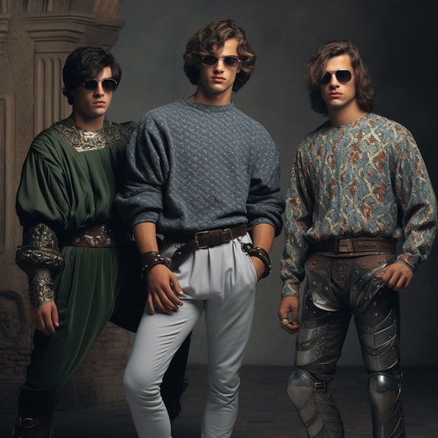 Three young men pose confidently in a dimly lit room, blending medieval armor and clothing with modern 1980s fashion, including sunglasses, patterned sweaters, and leather belts.