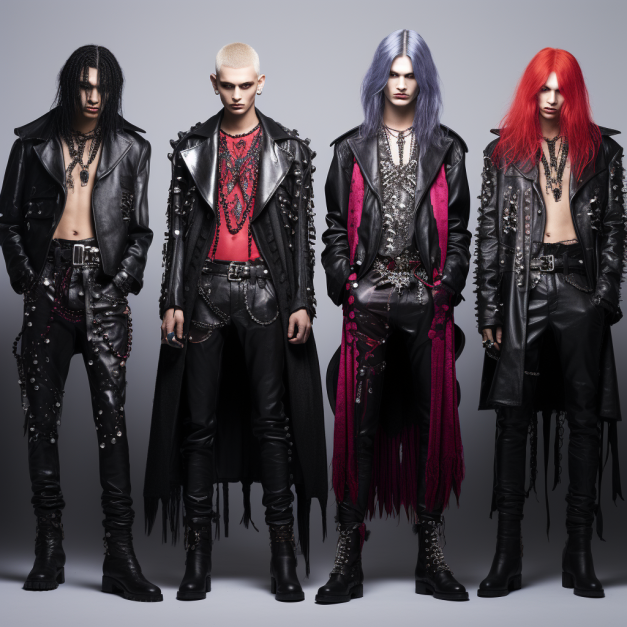 Four individuals in elaborate black leather punk outfits stand in a row, each with distinct colorful hair—black, blonde, purple, and red—and adorned with chains, studs, and layered accessories.