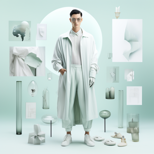 A man in a light mint-green trench coat, white shirt, and matching pants stands in a minimalist, pastel-green room, surrounded by abstract white and gray objects like glass vases, candles, and sculptural items.
