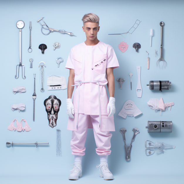 A young man in a pink surgical outfit stands center-frame against a light blue background, surrounded by various medical instruments, tools, and objects like scalpels, forceps, and a brain model, all arranged symmetrically around him.