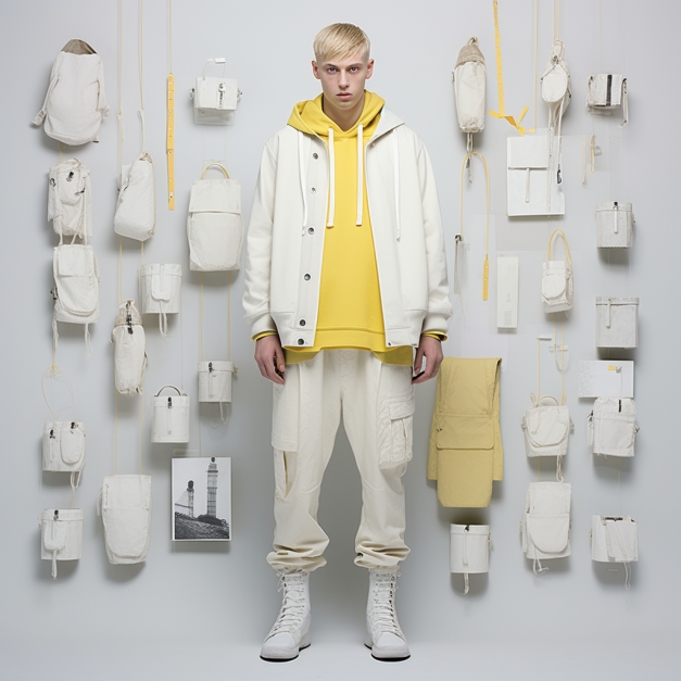 A young man with blonde hair stands center-frame wearing a yellow hoodie under a white button-up jacket, white cargo pants, and white high-top sneakers. He is surrounded by a wall displaying numerous white and yellow bags, pouches, and accessories hanging in various orientations.
