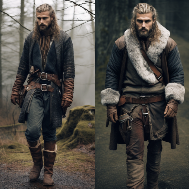 Two Viking-style warriors with long beards and blonde hair stand in misty, forested environments. Both wear rugged, layered clothing with fur trim and leather gear, carrying weapons and satchels, exuding a fierce, medieval warrior presence.