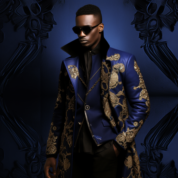 A stylish Black man wearing sunglasses and a luxurious royal blue coat adorned with intricate gold embroidery stands confidently against a dark, ornate blue background.