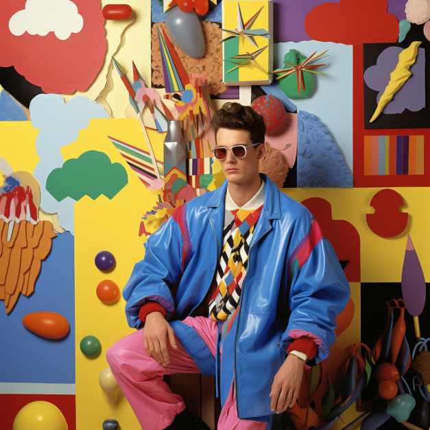 A man in a vibrant, retro-inspired outfit—blue shiny jacket, pink pants, and a colorful argyle tie—sits confidently in front of a psychedelic, collage-style background filled with bright, abstract shapes, cartoon clouds, and surreal objects like balloons and stylized trees.