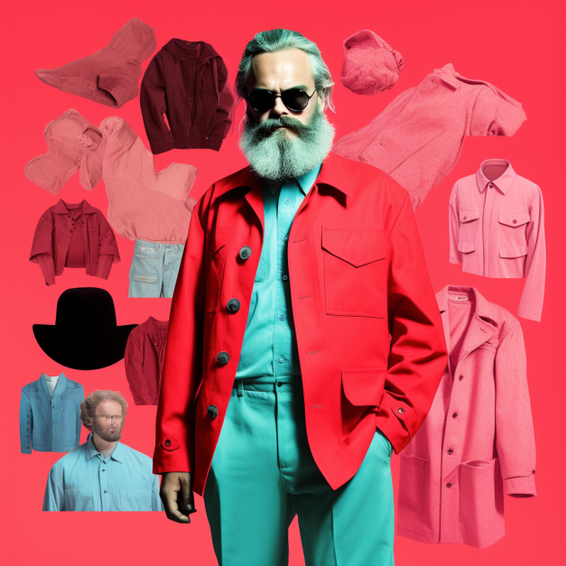 A man with a white beard and sunglasses wears a red jacket and teal pants, standing against a vibrant red background surrounded by floating pink and red clothing items, including jackets, shirts, and a black hat.
