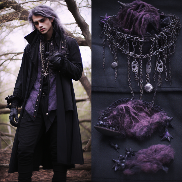 A gothic-style man with silver hair and black attire stands in a wooded area, while a close-up shows a dark, ornate accessory with purple fur, chains, and skull-like charms.