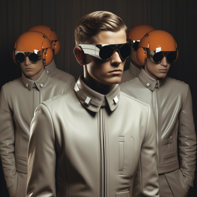 Four men in futuristic, beige leather uniforms with orange helmets and black sunglasses stand in a row, facing forward with a serious expression.