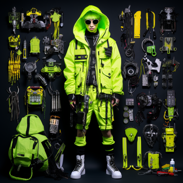 A person in a bright neon green hooded outfit and sunglasses stands surrounded by an array of disassembled mechanical parts, tools, and gadgets, all arranged against a dark background.